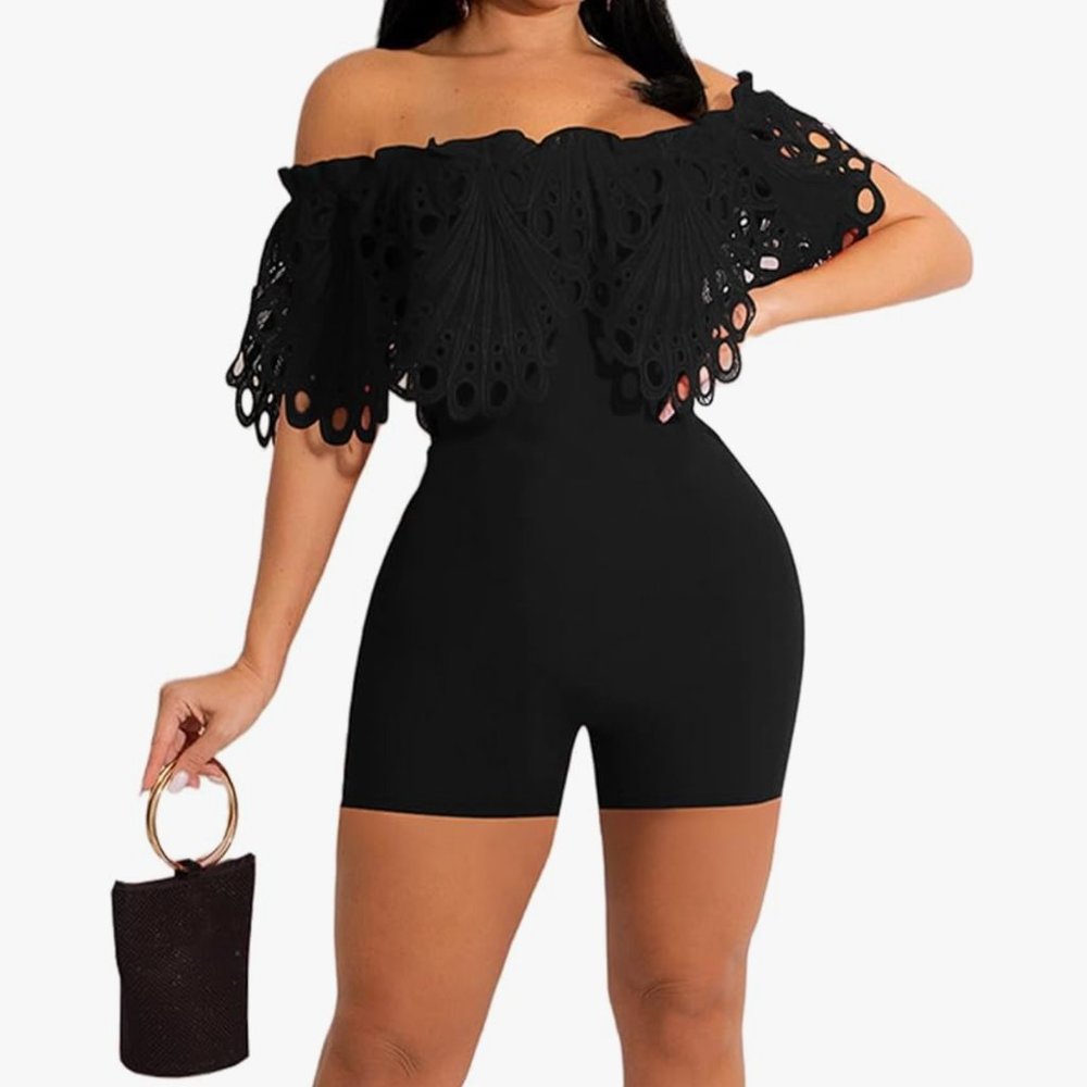 Laced Off Shoulder High Waisted Black Romper
